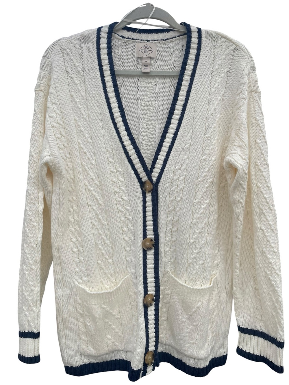 St. John's Bay Cream Cable Knit Cardigan with Navy Trim